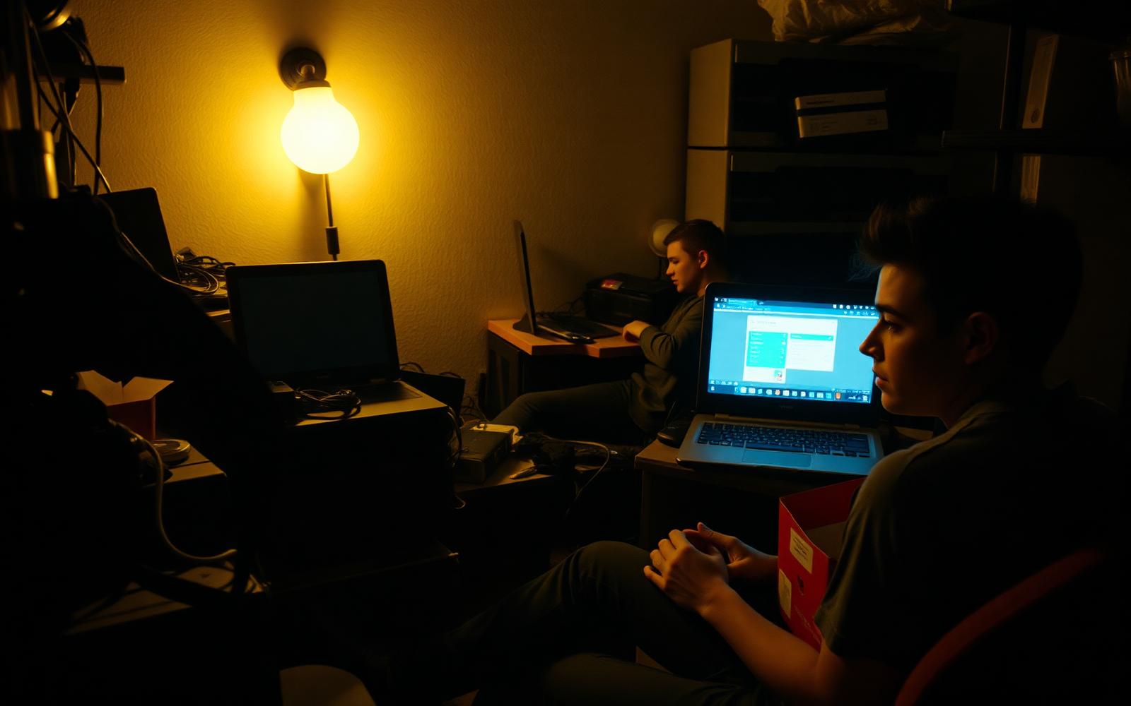 Two founders coding by laptop light in a cramped apartment