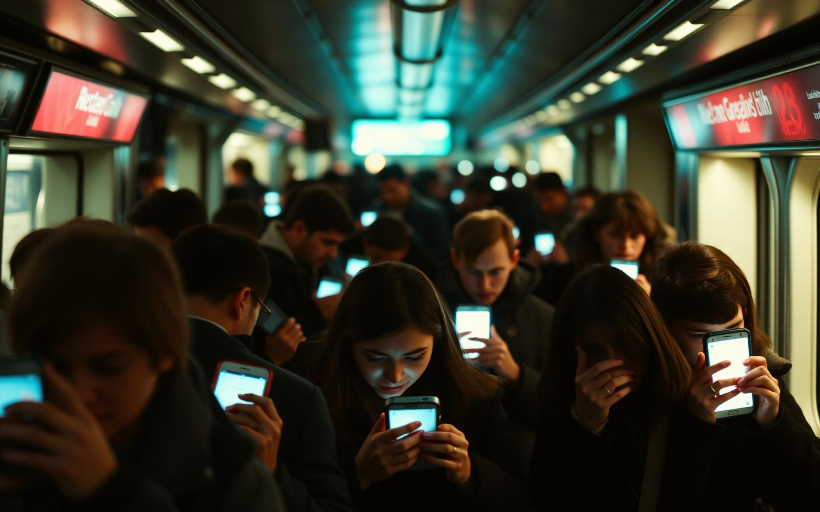 Commuters checking their investments on phone screens in a crowded train