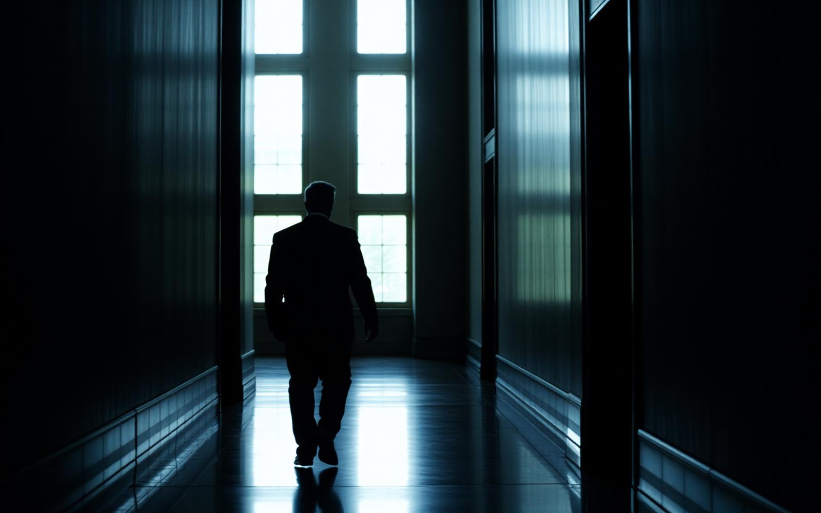 A founder walking alone down a government corridor toward distant light
