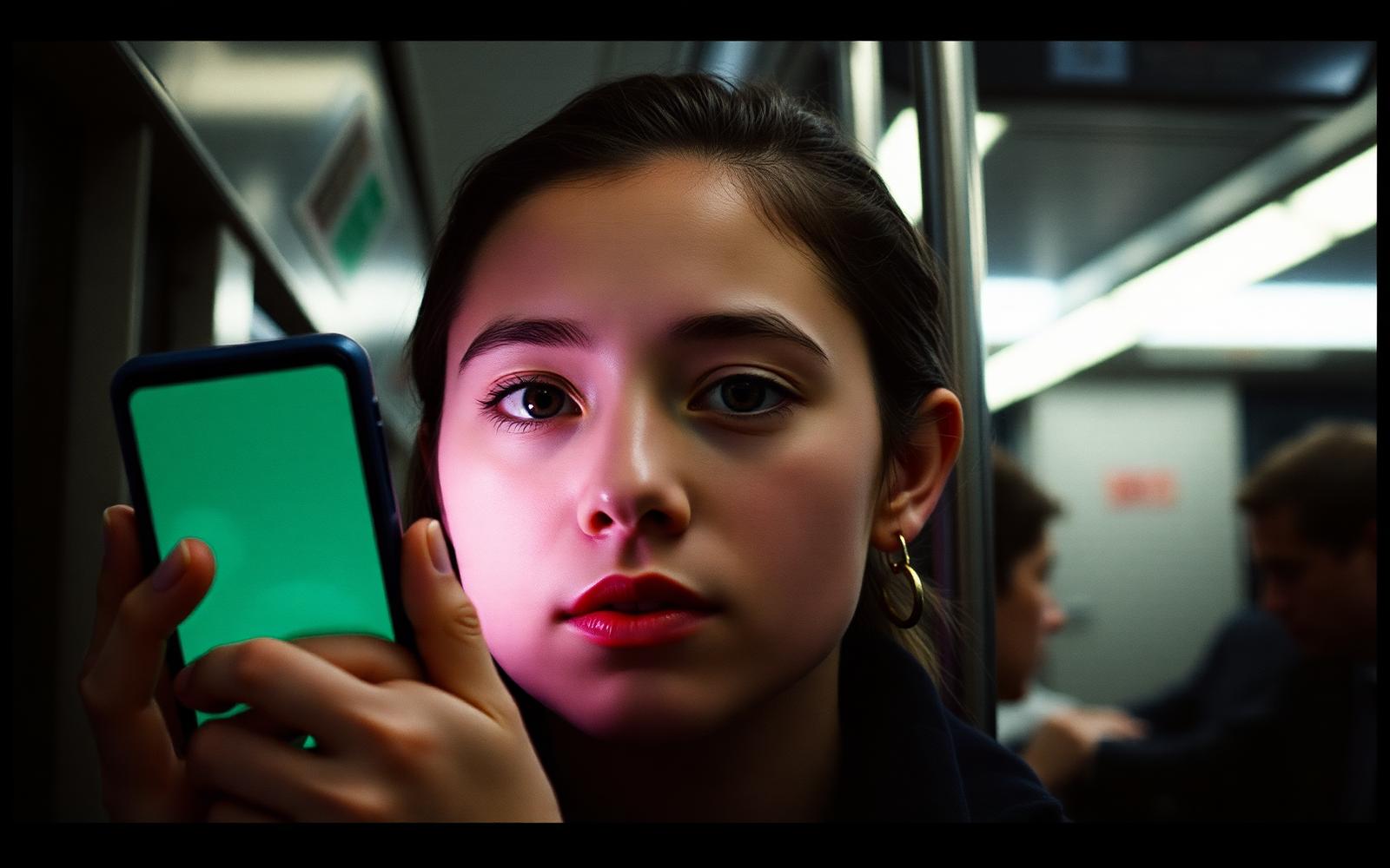 A commuter's face lit by a phone screen on a night subway