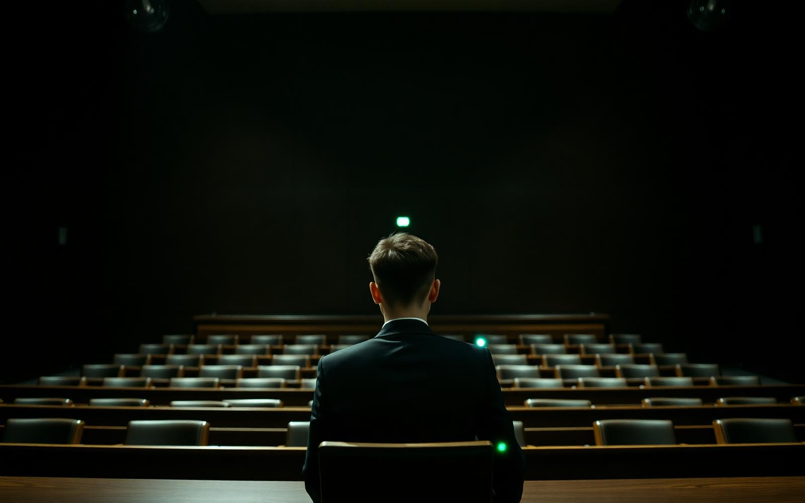 A lone witness seated beneath harsh hearing-room lights