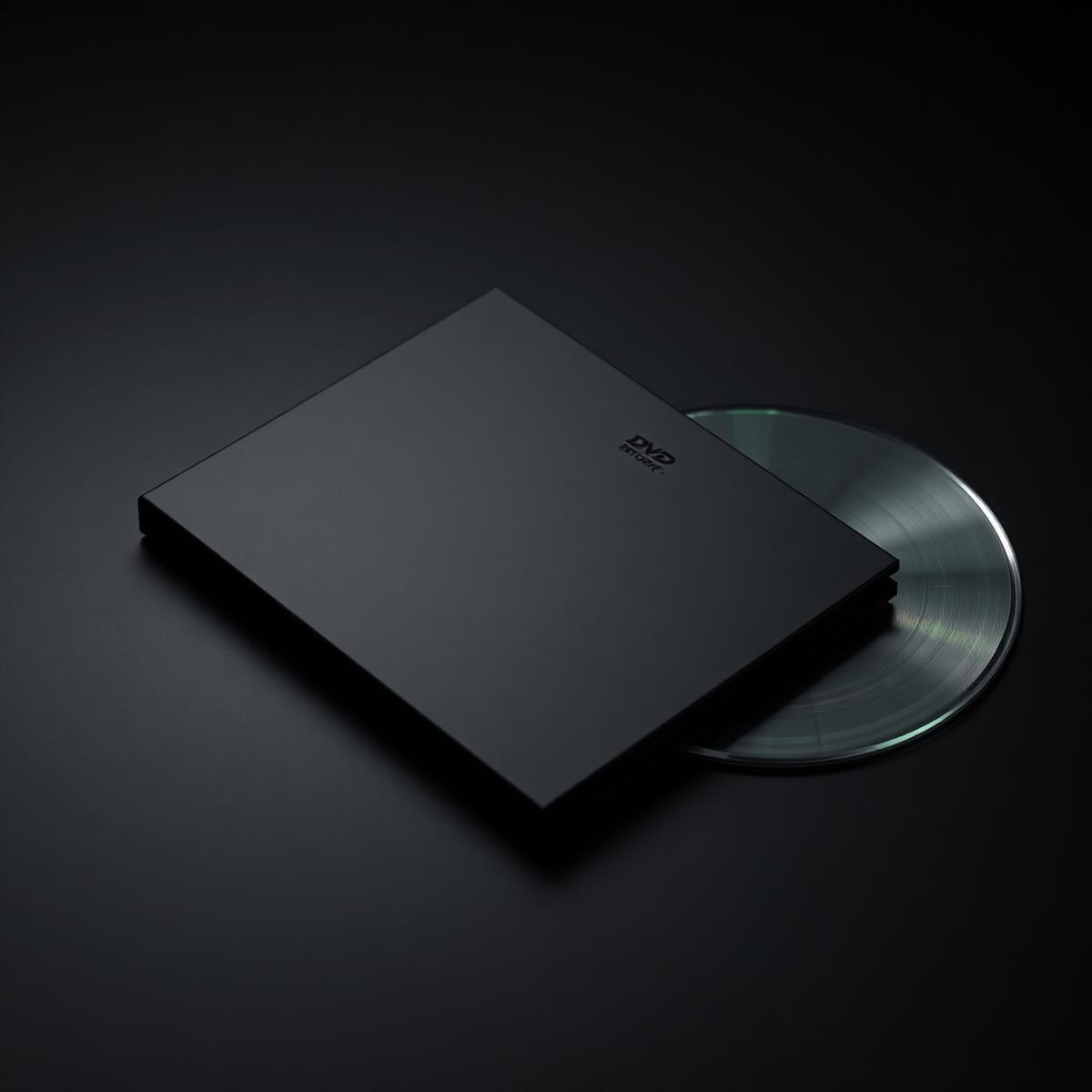 Matte black DVD case and disc photographed on a dark studio table