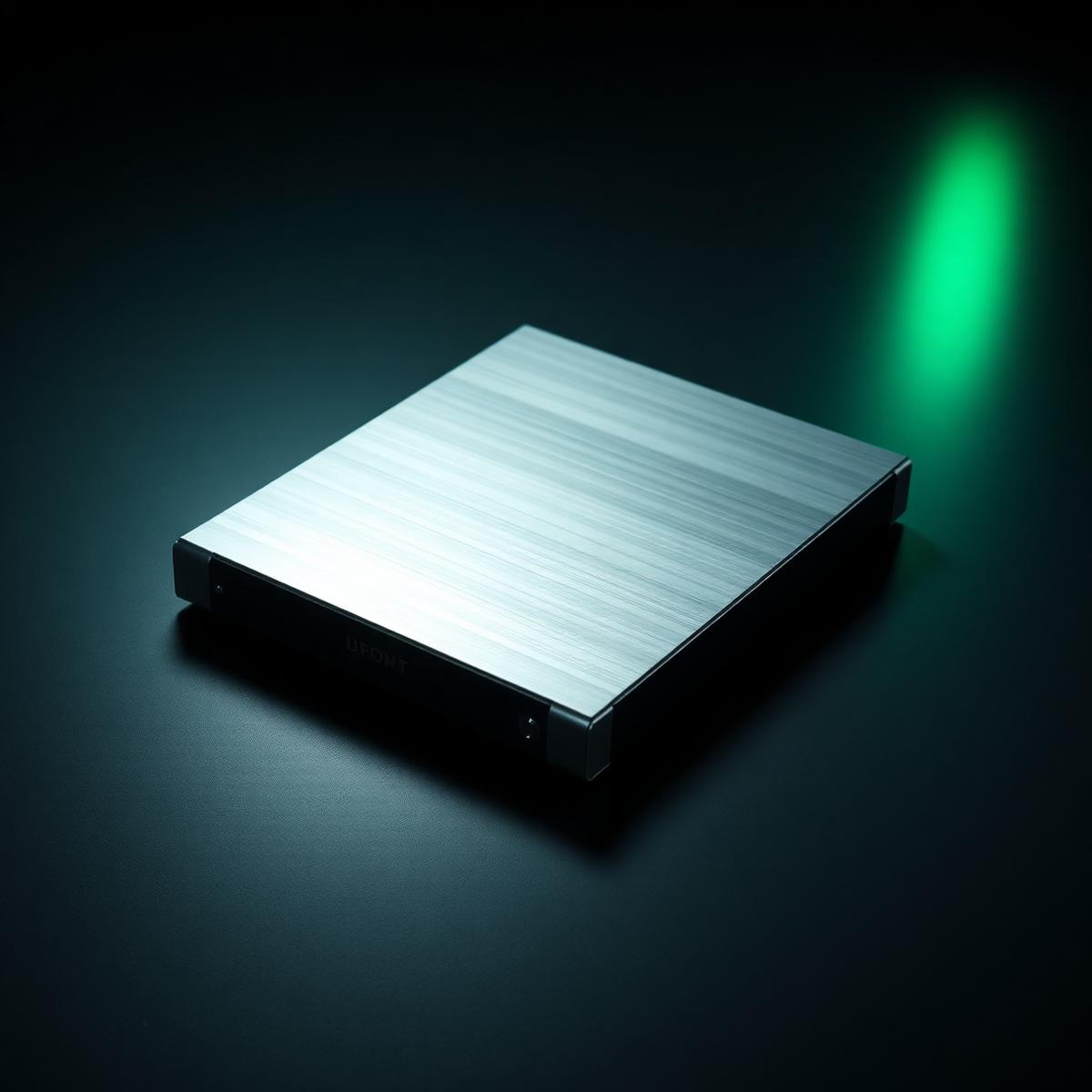 Brushed metal steelbook case lit by a single studio light