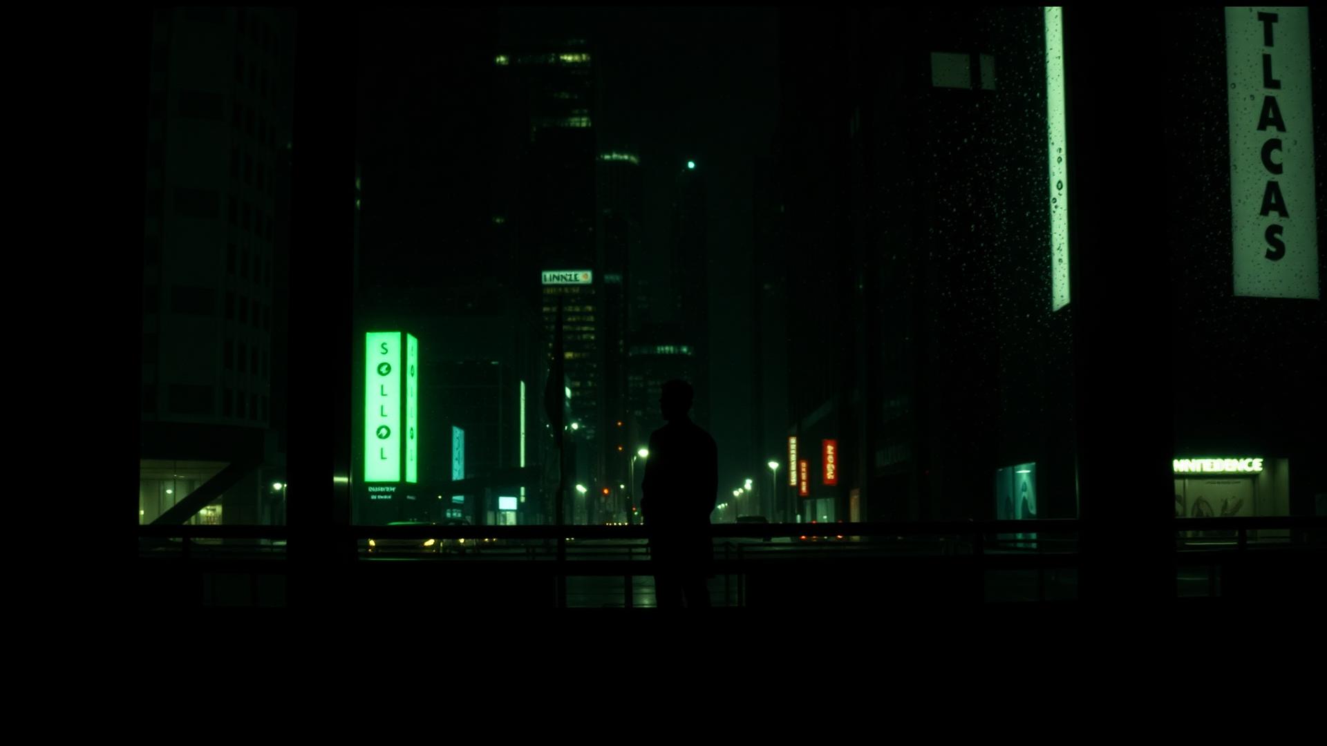 Trailer poster frame — a lone figure watching a night financial district through glass
